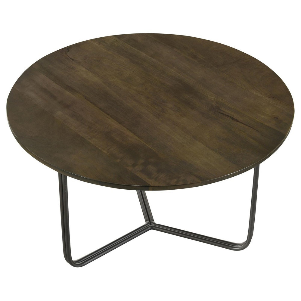 30 Inch Wood Round Accent Coffee Table with Triangular Base, Brown, Black  - BM302461