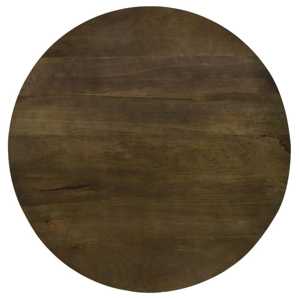 30 Inch Wood Round Accent Coffee Table with Triangular Base, Brown, Black  - BM302461