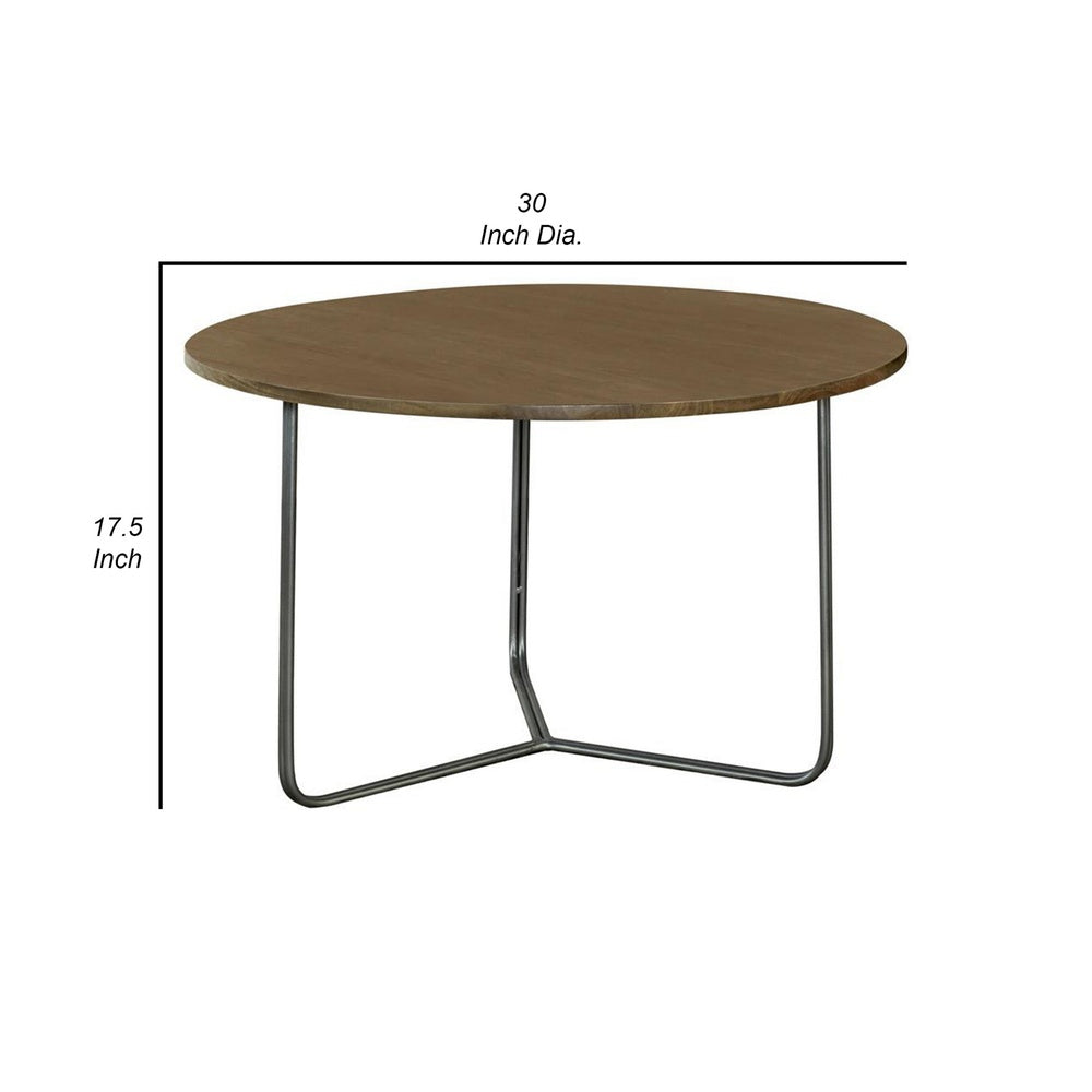 30 Inch Wood Round Accent Coffee Table with Triangular Base, Brown, Black  - BM302461