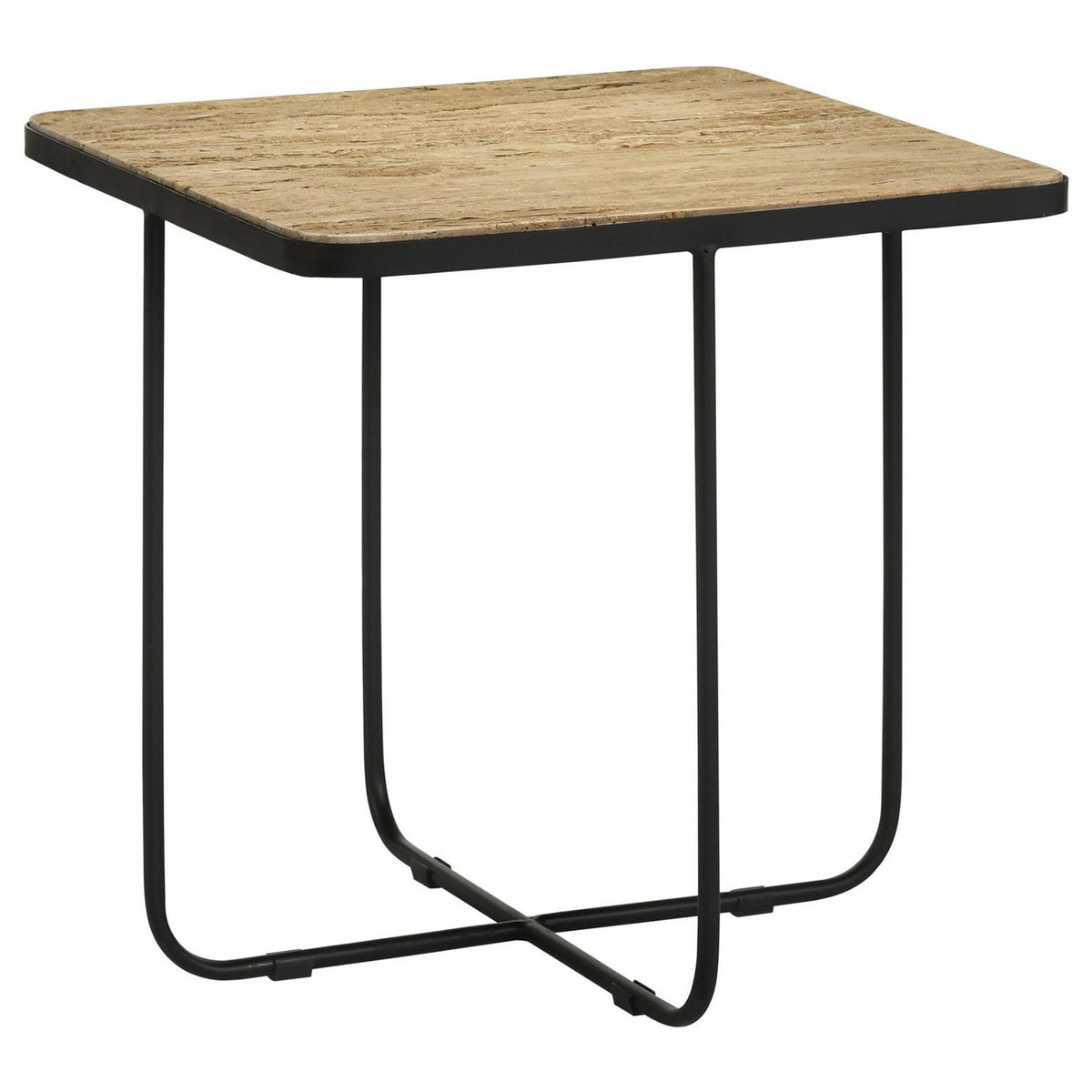 24 Inch Square Accent Side End Table, Iron, Travertine Marble Top, Black  - BM302463