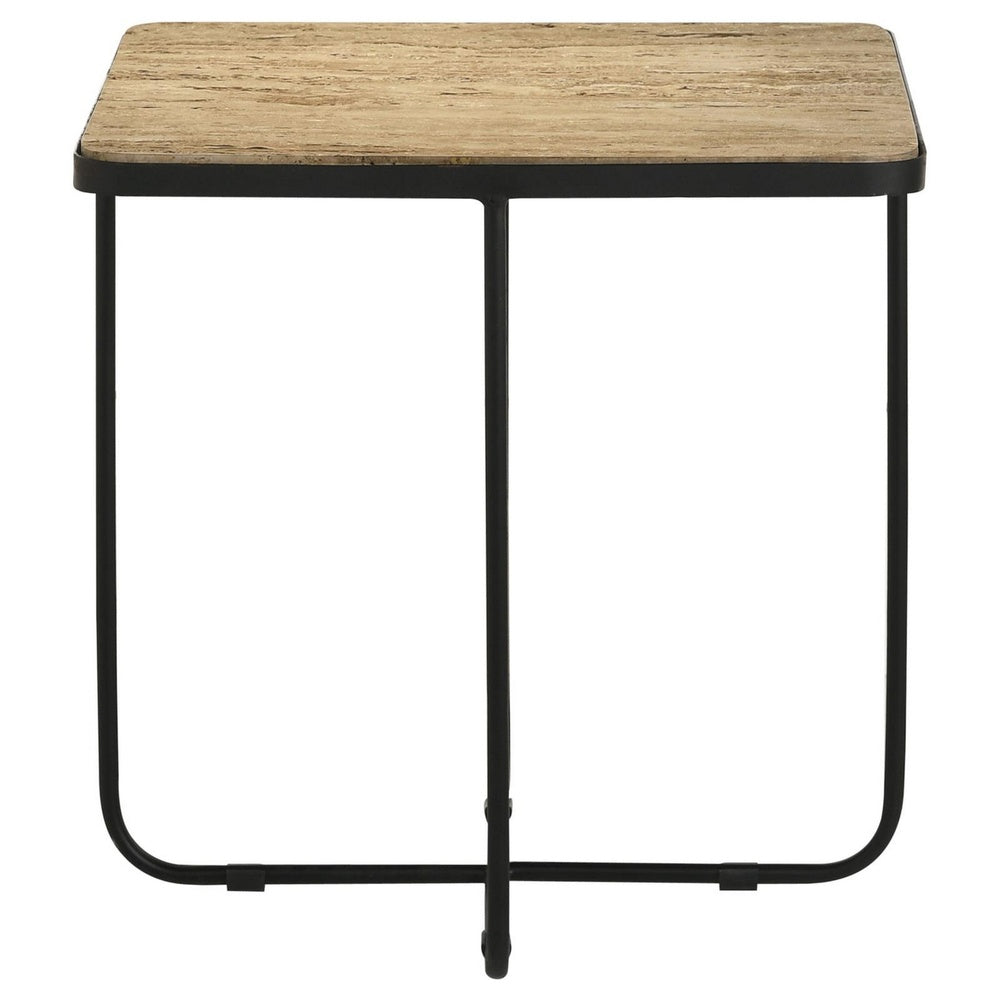 24 Inch Square Accent Side End Table, Iron, Travertine Marble Top, Black  - BM302463