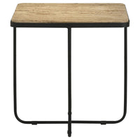 24 Inch Square Accent Side End Table, Iron, Travertine Marble Top, Black  - BM302463