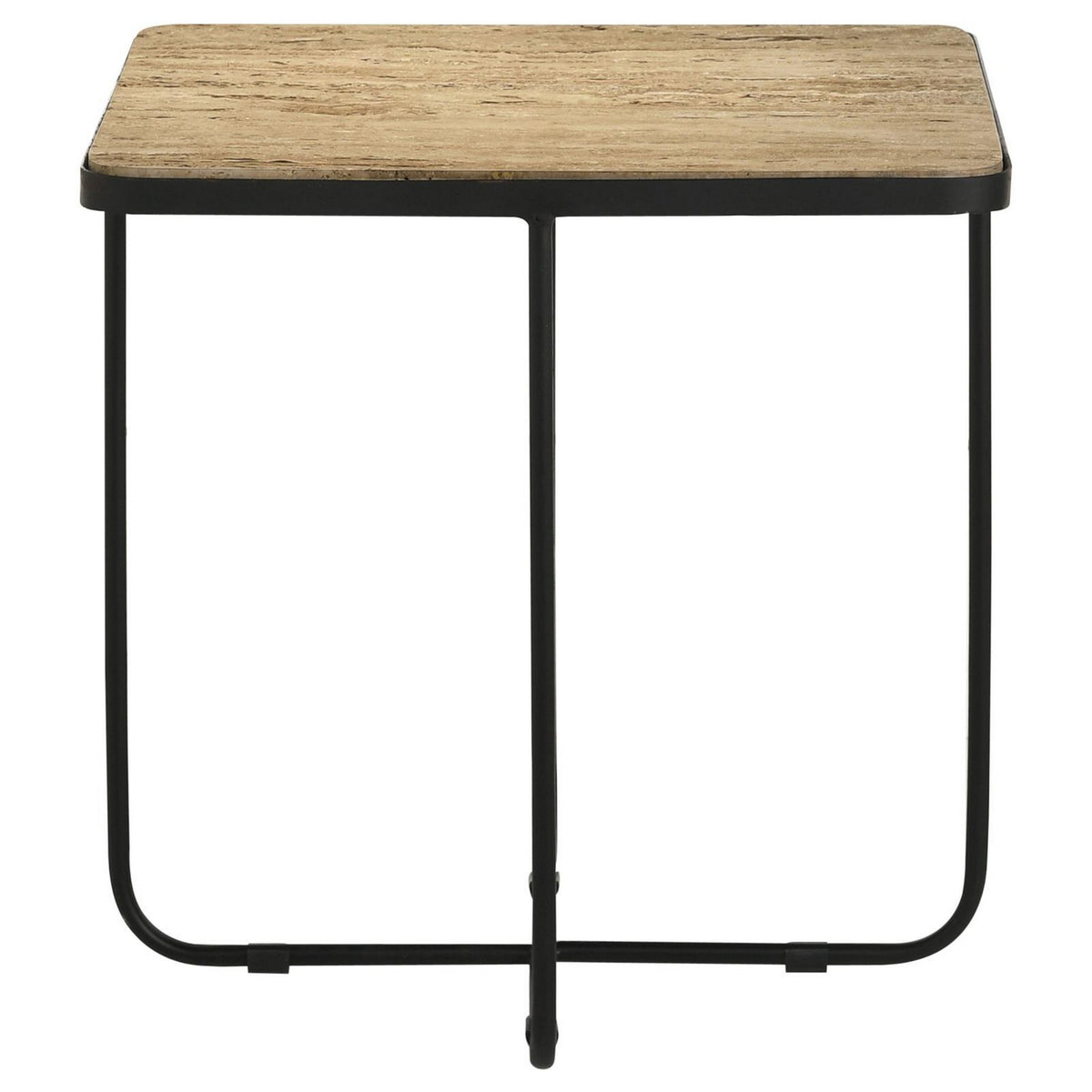 24 Inch Square Accent Side End Table, Iron, Travertine Marble Top, Black  - BM302463