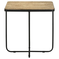 24 Inch Square Accent Side End Table, Iron, Travertine Marble Top, Black  - BM302463