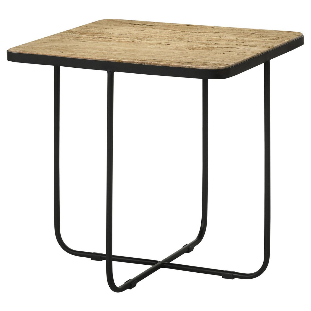 24 Inch Square Accent Side End Table, Iron, Travertine Marble Top, Black  - BM302463