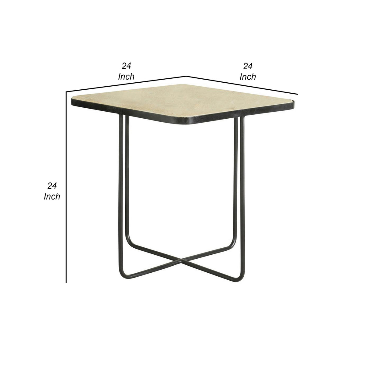 24 Inch Square Accent Side End Table, Iron, Travertine Marble Top, Black  - BM302463