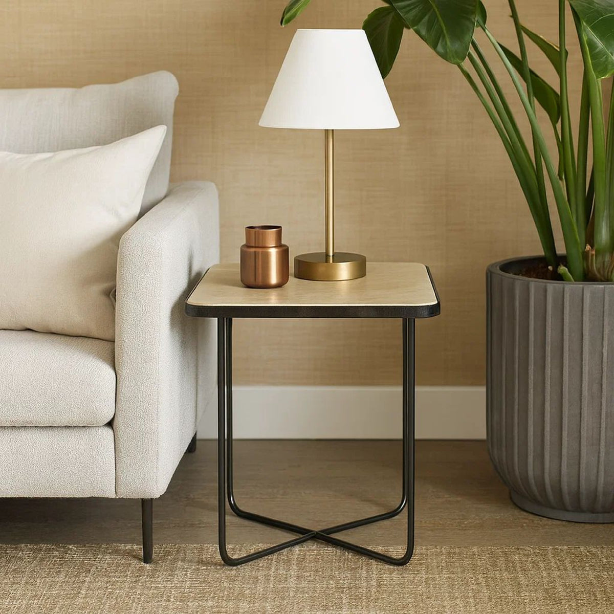 24 Inch Square Accent Side End Table, Iron, Travertine Marble Top, Black  - BM302463