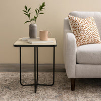 24 Inch Square Accent Side End Table, Iron, Travertine Marble Top, Black  - BM302463