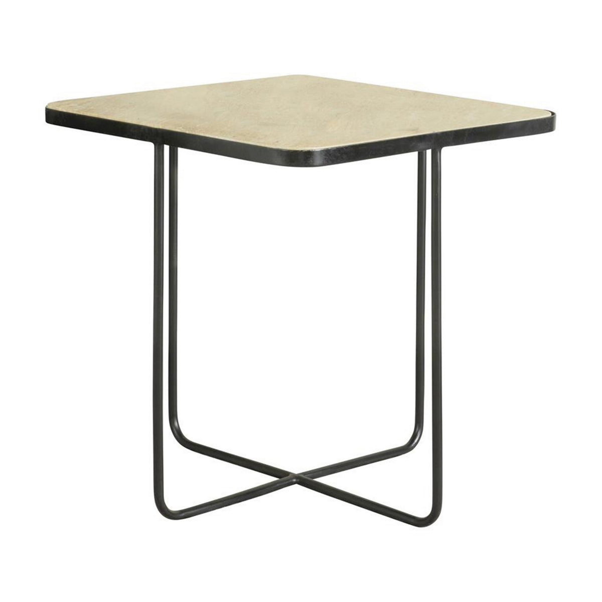 24 Inch Square Accent Side End Table, Iron, Travertine Marble Top, Black  - BM302463
