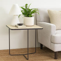 24 Inch Square Accent Side End Table, Iron, Travertine Marble Top, Black  - BM302463