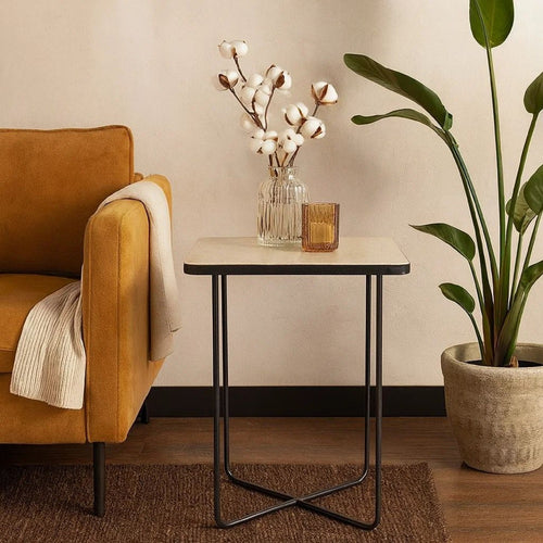24 Inch Square Accent Side End Table, Iron, Travertine Marble Top, Black  - BM302463
