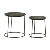2 Piece Round Nesting Side End Table, Embossed Wood Top, Matte Black  - BM302465