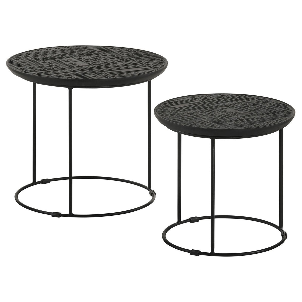 2 Piece Round Nesting Side End Table, Embossed Wood Top, Matte Black  - BM302465