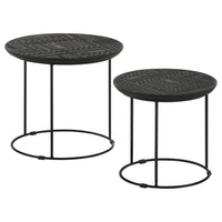 2 Piece Round Nesting Side End Table, Embossed Wood Top, Matte Black  - BM302465