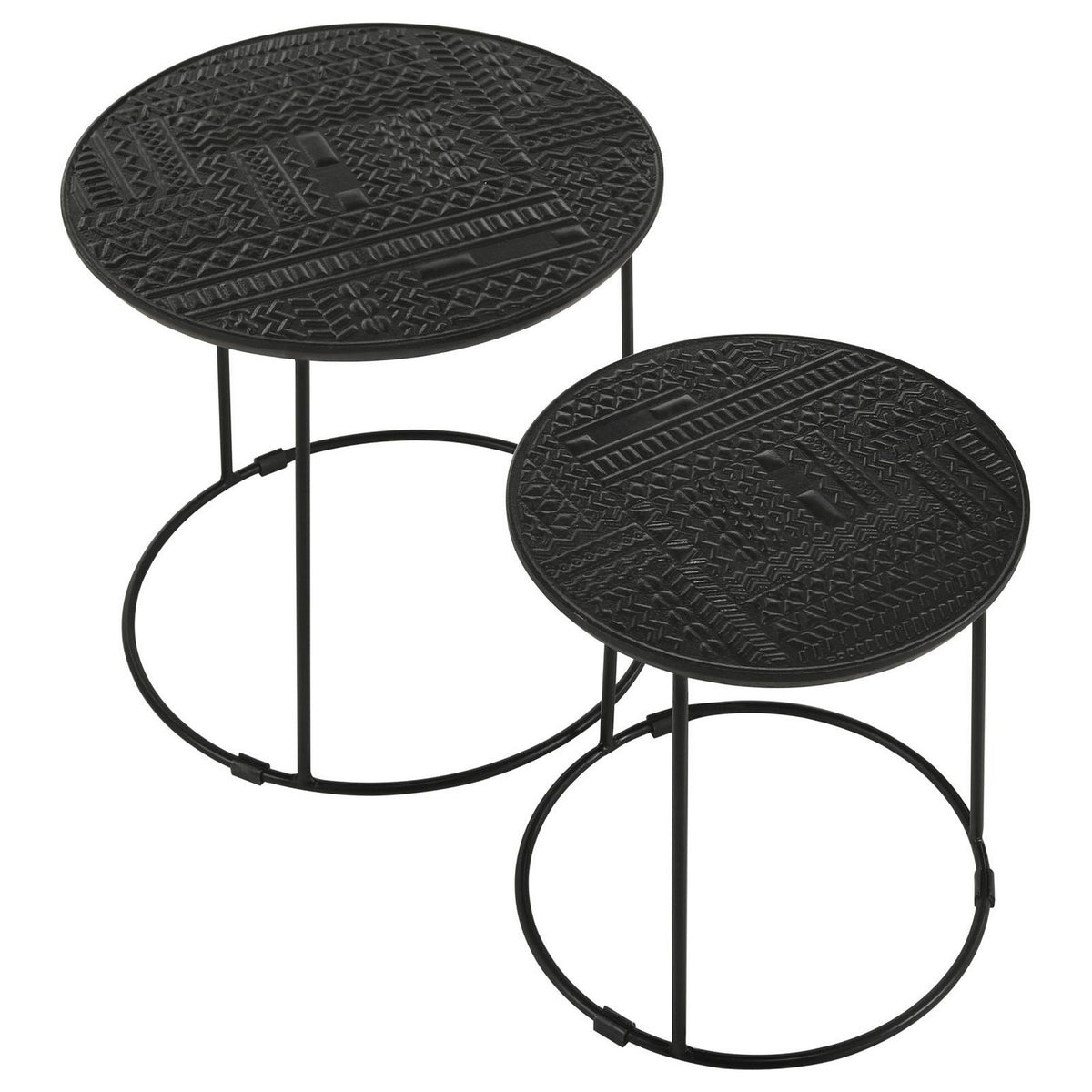 2 Piece Round Nesting Side End Table, Embossed Wood Top, Matte Black  - BM302465