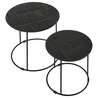 2 Piece Round Nesting Side End Table, Embossed Wood Top, Matte Black  - BM302465