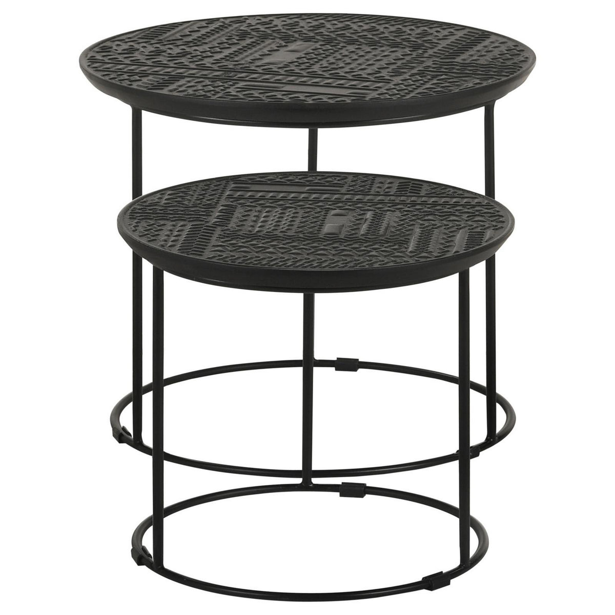 2 Piece Round Nesting Side End Table, Embossed Wood Top, Matte Black  - BM302465