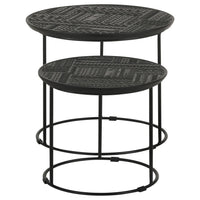 2 Piece Round Nesting Side End Table, Embossed Wood Top, Matte Black  - BM302465