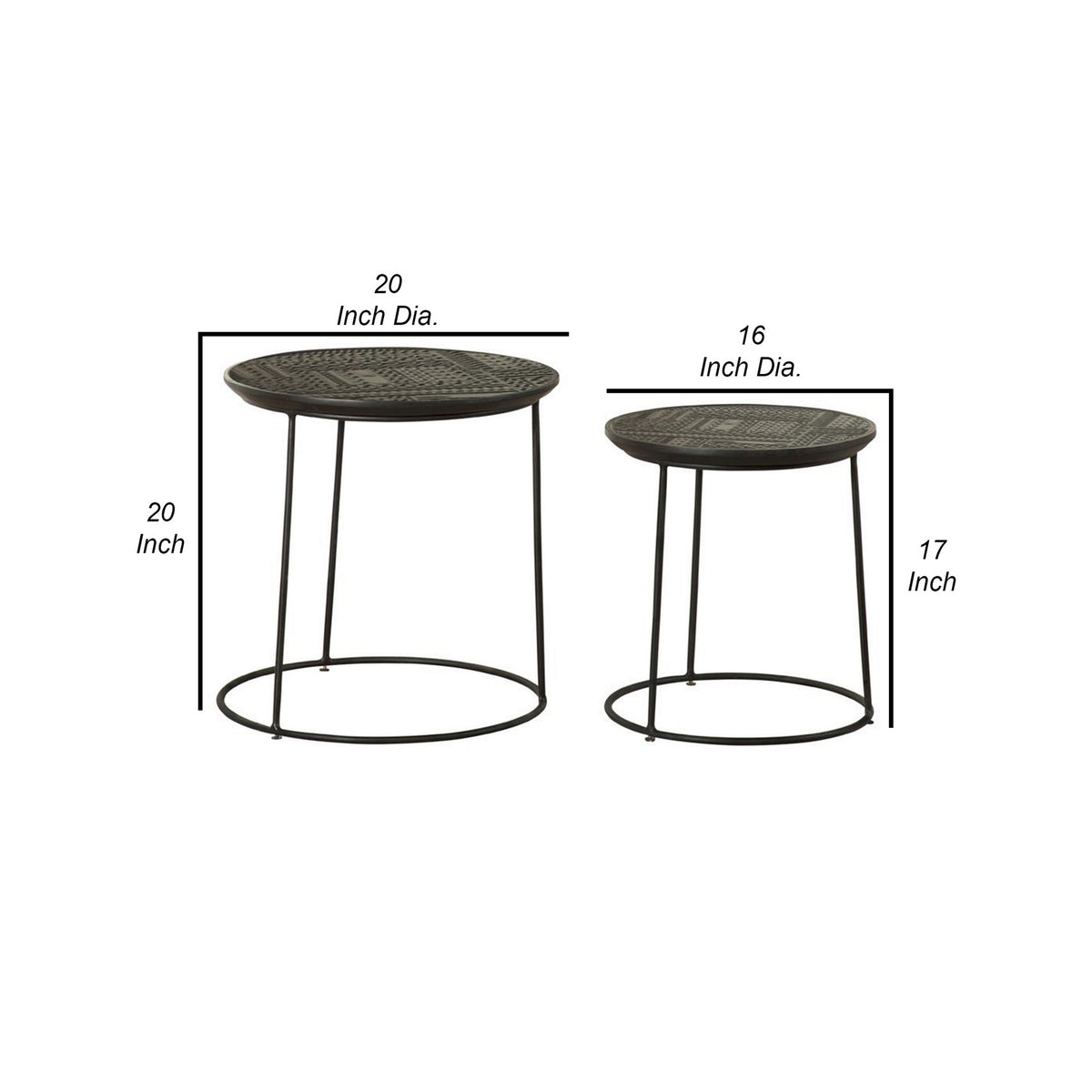 2 Piece Round Nesting Side End Table, Embossed Wood Top, Matte Black  - BM302465