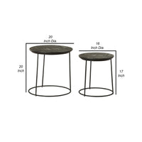 2 Piece Round Nesting Side End Table, Embossed Wood Top, Matte Black  - BM302465