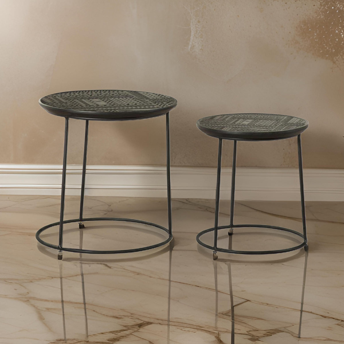 2 Piece Round Nesting Side End Table, Embossed Wood Top, Matte Black  - BM302465