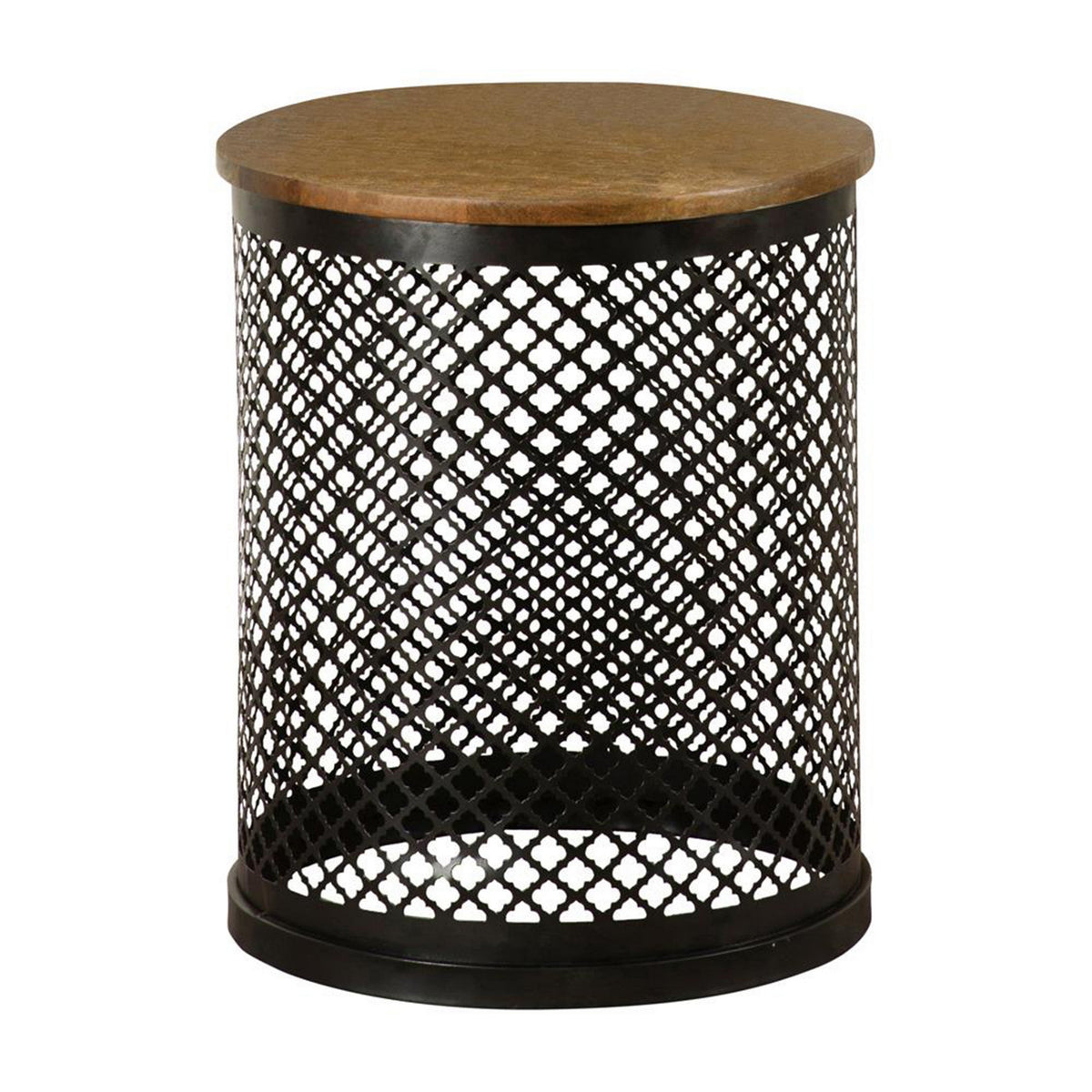 22 Inch Round Accent Table with Crossed Lattice Metal Drum Base, Black-BM302467