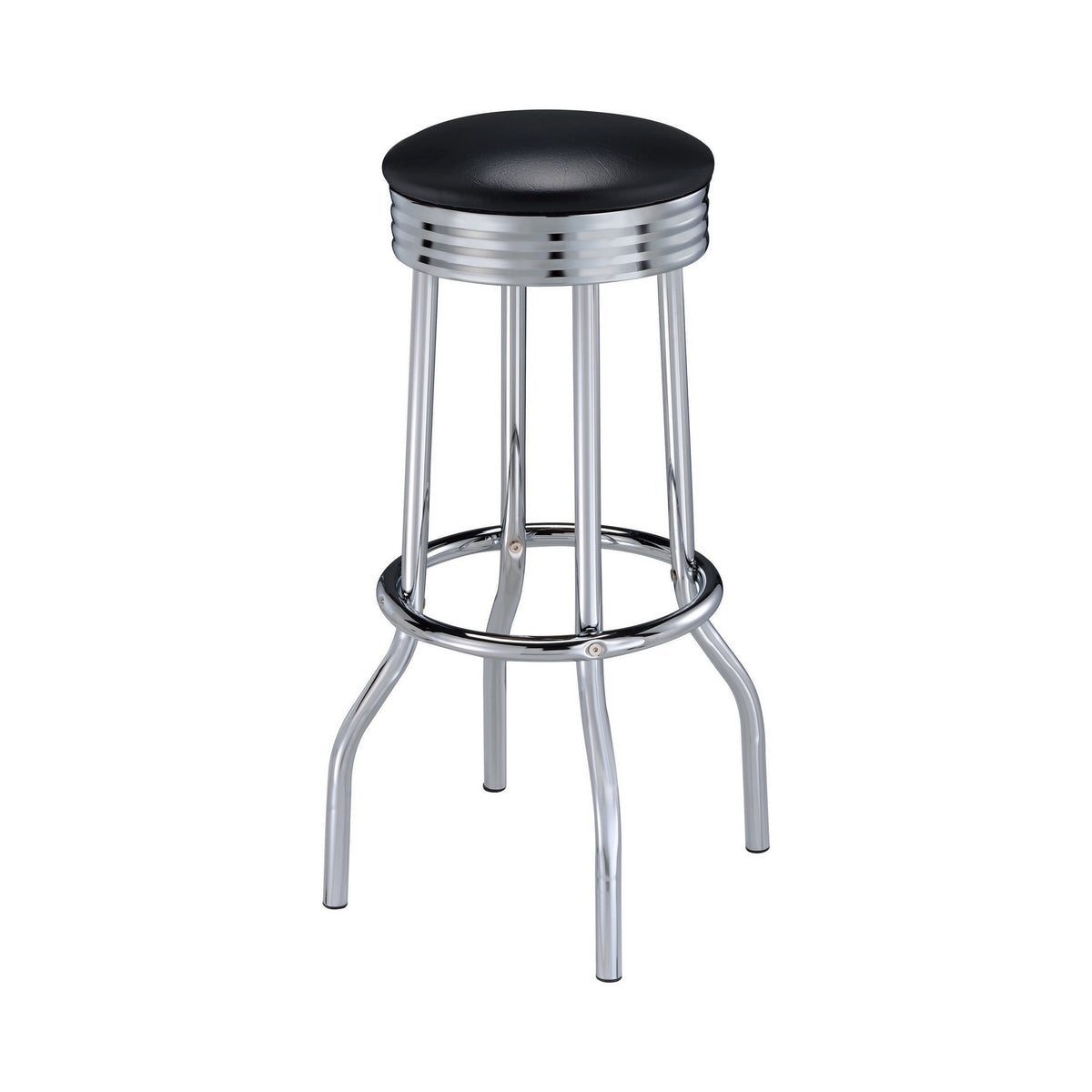 30 Inch Round Bar Stool, Set of 2, Ribbed Apron Base, Chrome, Black  - BM302495