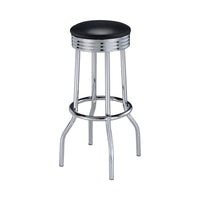 30 Inch Round Bar Stool, Set of 2, Ribbed Apron Base, Chrome, Black  - BM302495