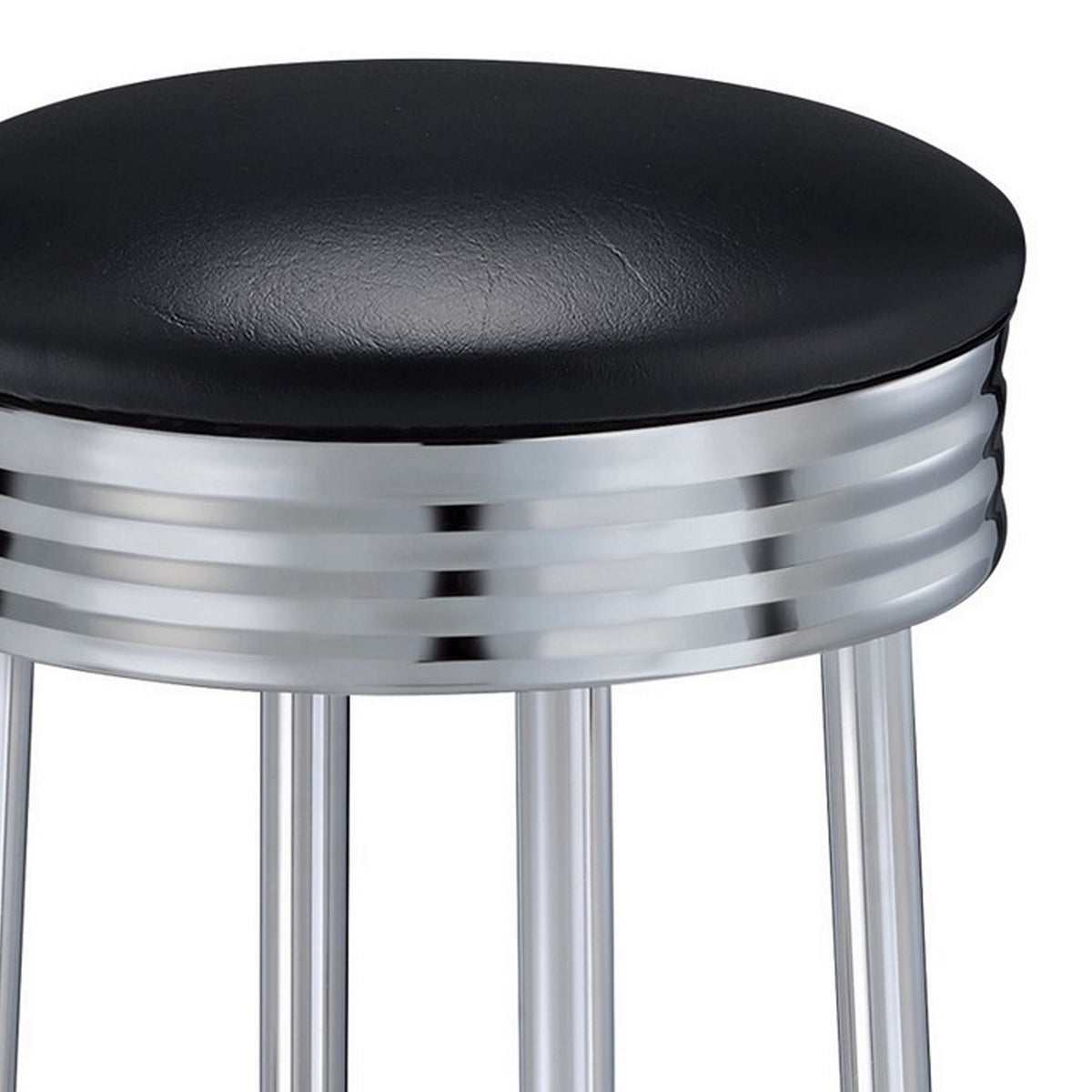30 Inch Round Bar Stool, Set of 2, Ribbed Apron Base, Chrome, Black  - BM302495