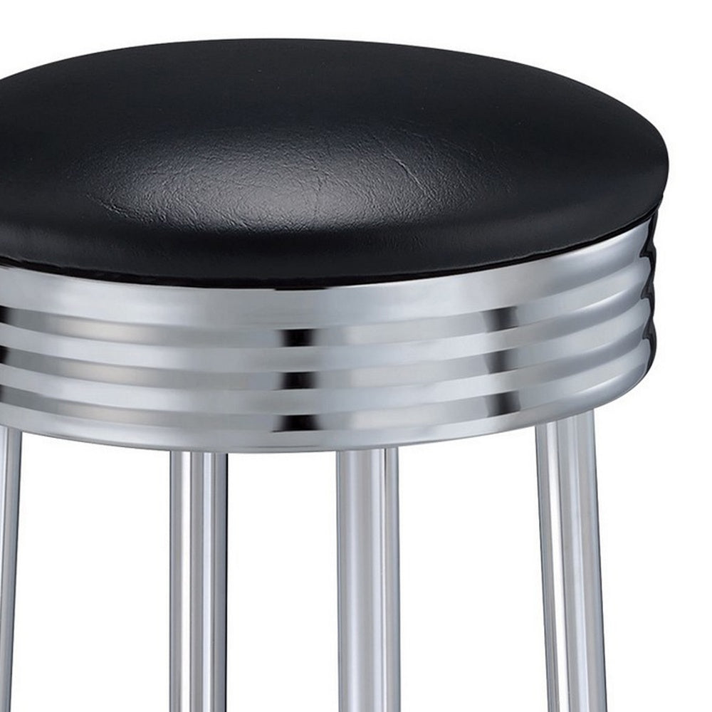 30 Inch Round Bar Stool, Set of 2, Ribbed Apron Base, Chrome, Black  - BM302495