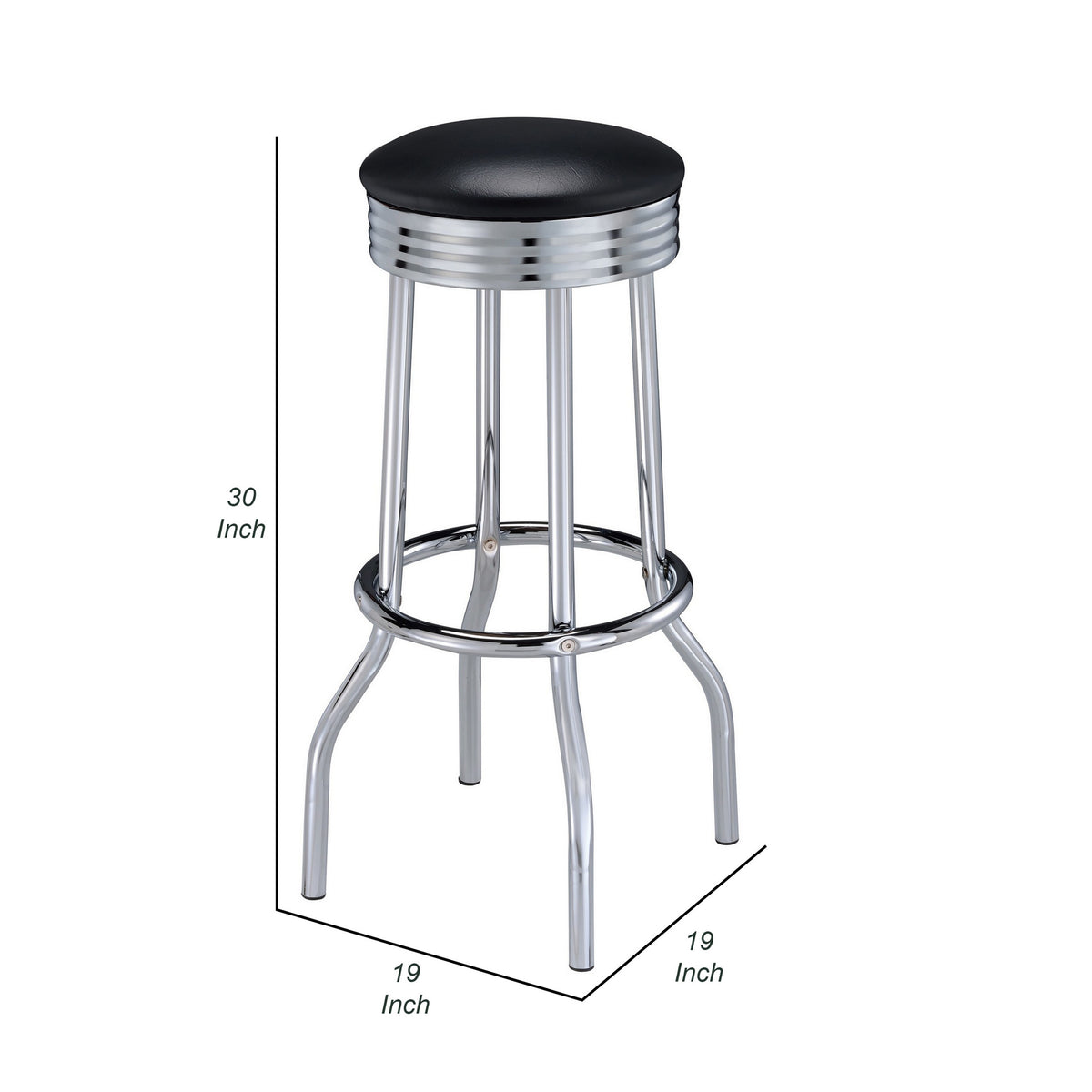 30 Inch Round Bar Stool, Set of 2, Ribbed Apron Base, Chrome, Black  - BM302495