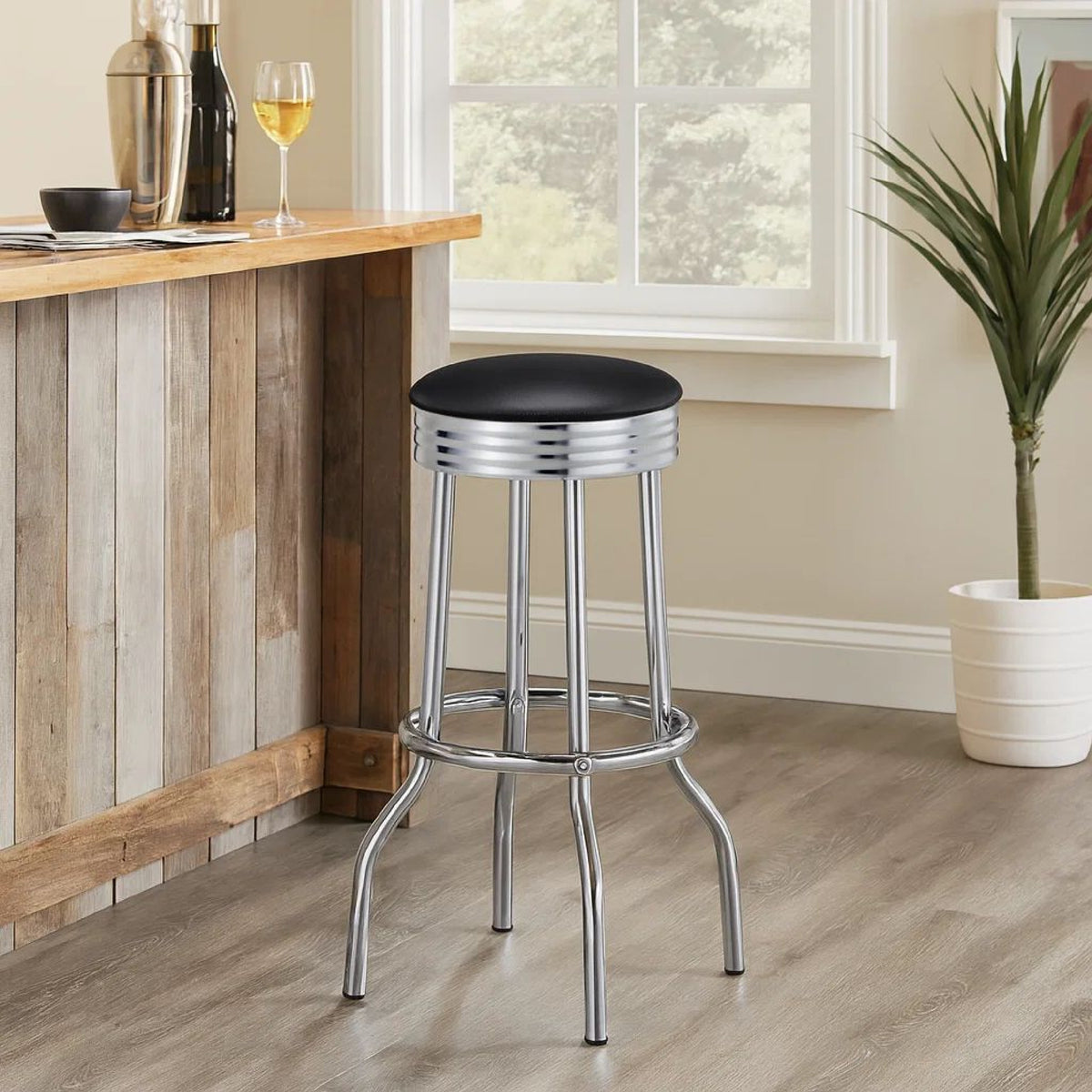 30 Inch Round Bar Stool, Set of 2, Ribbed Apron Base, Chrome, Black  - BM302495