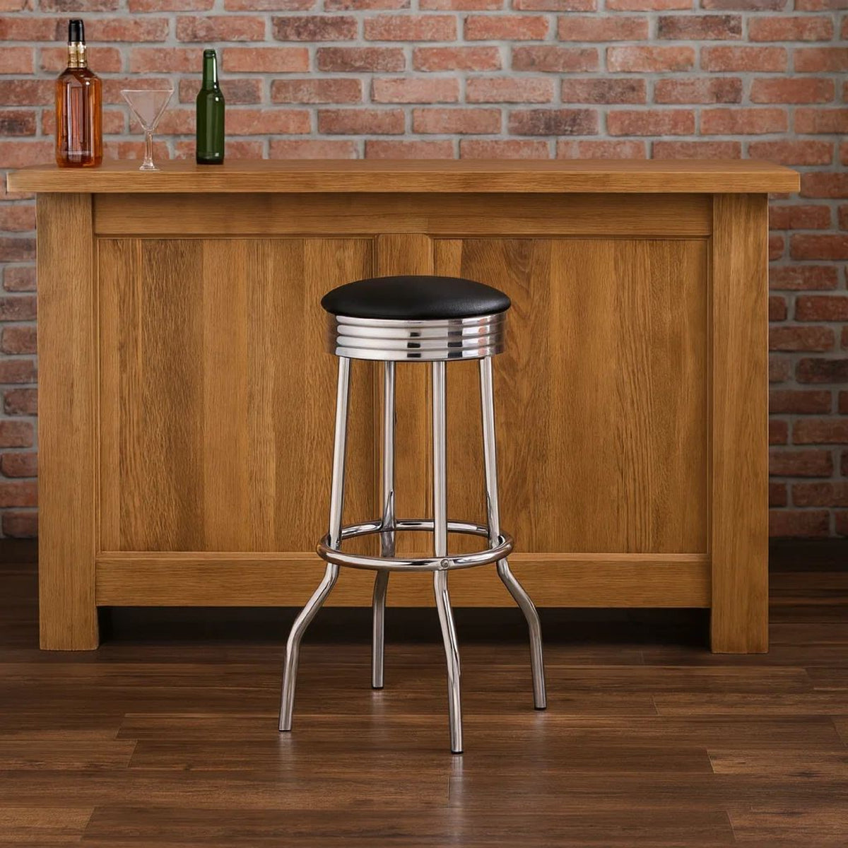 30 Inch Round Bar Stool, Set of 2, Ribbed Apron Base, Chrome, Black  - BM302495