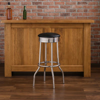 30 Inch Round Bar Stool, Set of 2, Ribbed Apron Base, Chrome, Black  - BM302495