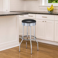30 Inch Round Bar Stool, Set of 2, Ribbed Apron Base, Chrome, Black  - BM302495