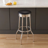 30 Inch Round Bar Stool, Set of 2, Ribbed Apron Base, Chrome, Black  - BM302495