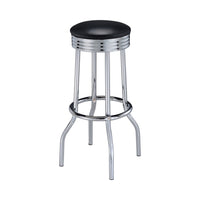 30 Inch Round Bar Stool, Set of 2, Ribbed Apron Base, Chrome, Black  - BM302495