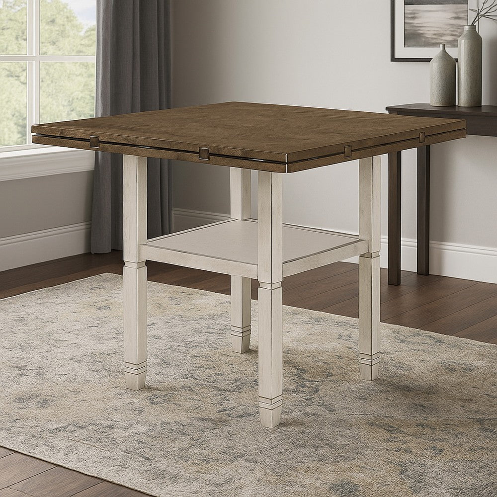 52-60 Inch Counter Height Table, Open Bottom Shelf, 4 Drop Leaves, Brown  - BM302496