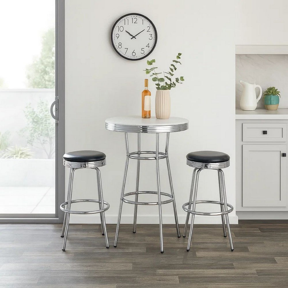 42 Inch Round Bar Table, Ribbed Apron, Glossy White Lacquer, Retro Style - BM302502