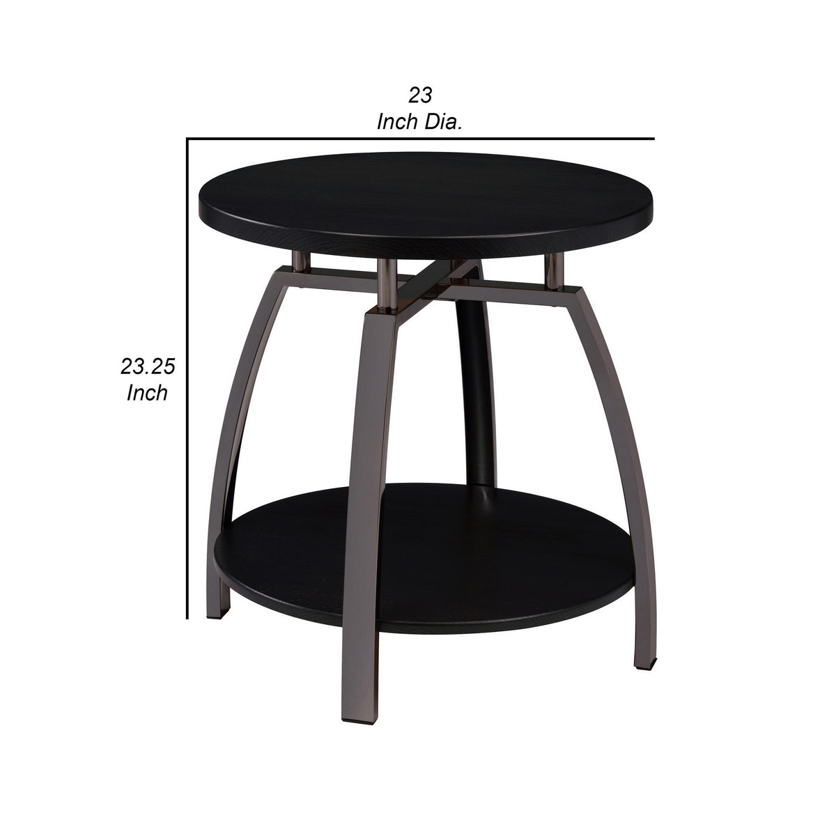 Dyn 23 Inch Round End Table, Open Shelf, Grayish Black Top, Gray Metal Legs  - BM302508