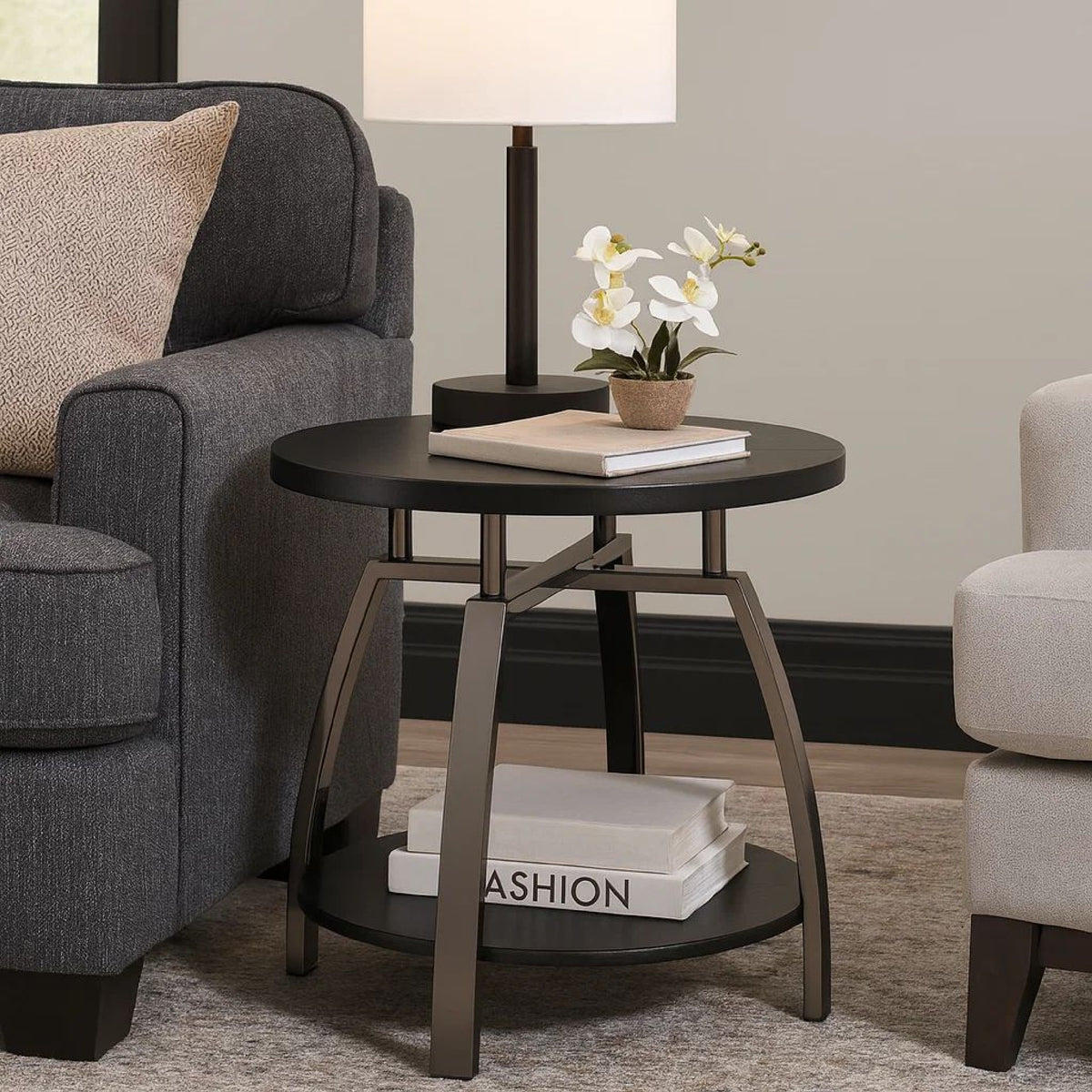 Dyn 23 Inch Round End Table, Open Shelf, Grayish Black Top, Gray Metal Legs  - BM302508
