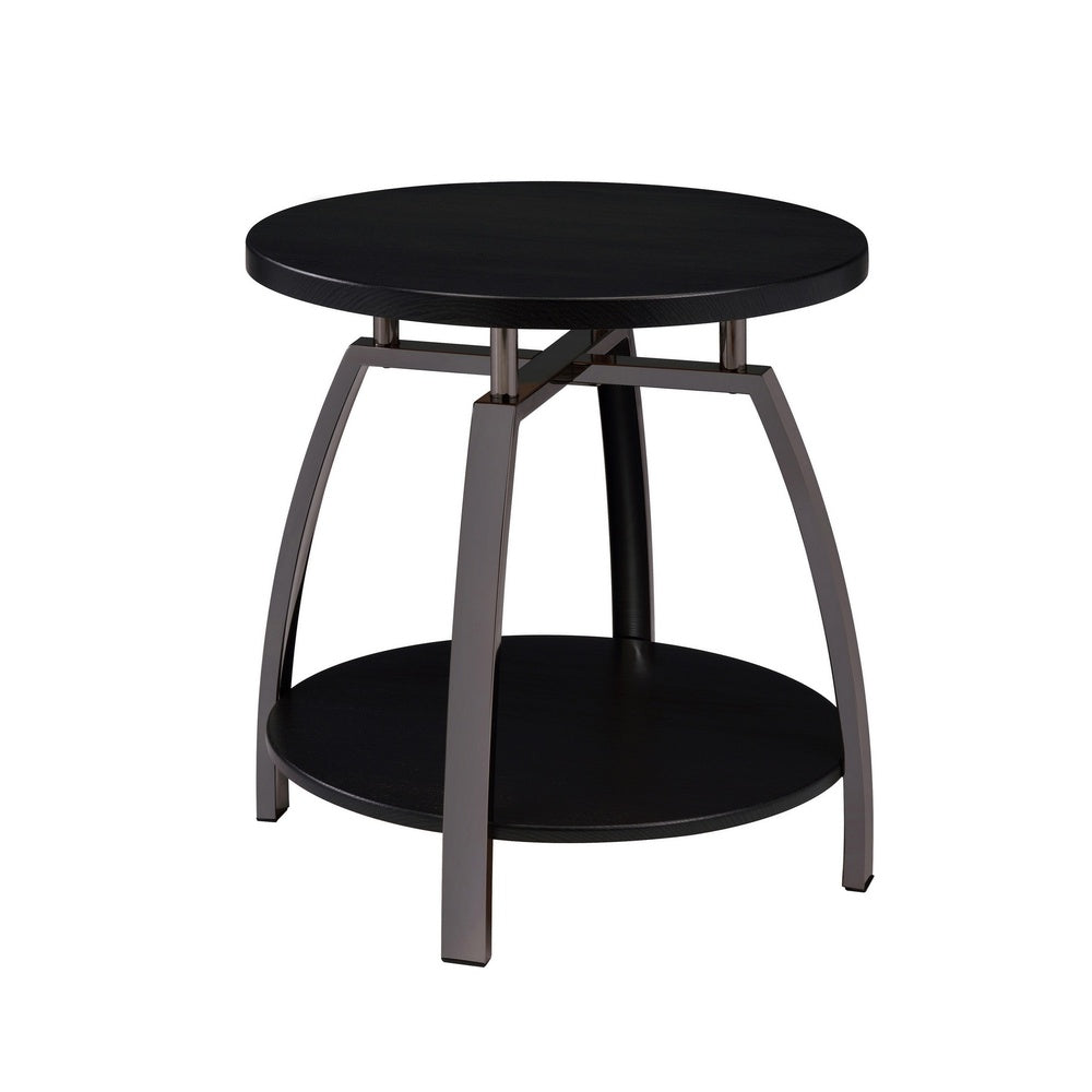 Dyn 23 Inch Round End Table, Open Shelf, Grayish Black Top, Gray Metal Legs  - BM302508