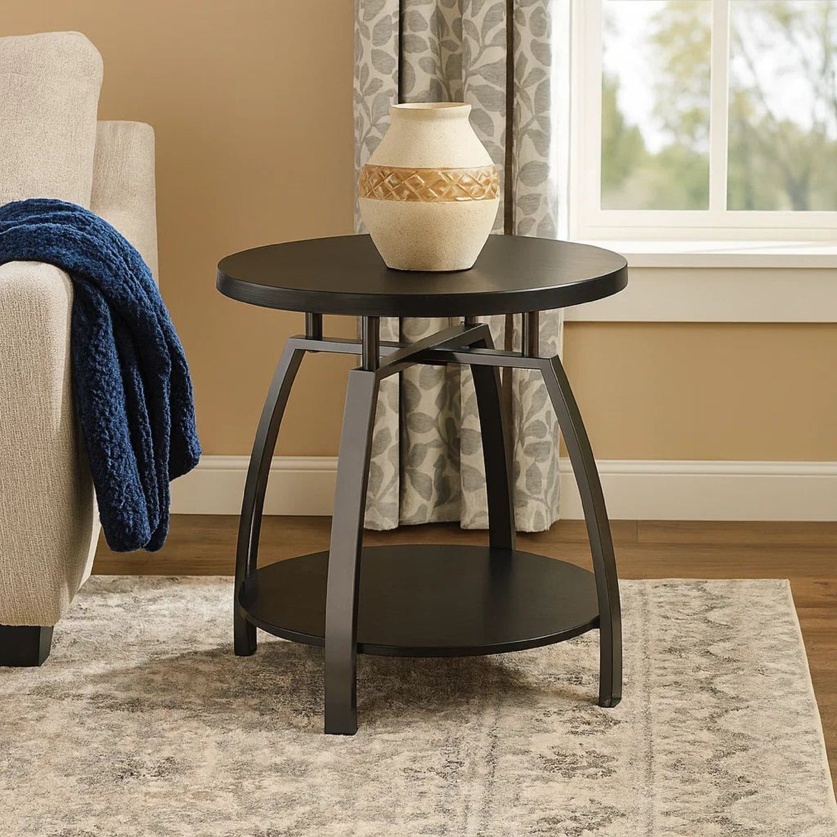 Dyn 23 Inch Round End Table, Open Shelf, Grayish Black Top, Gray Metal Legs  - BM302508