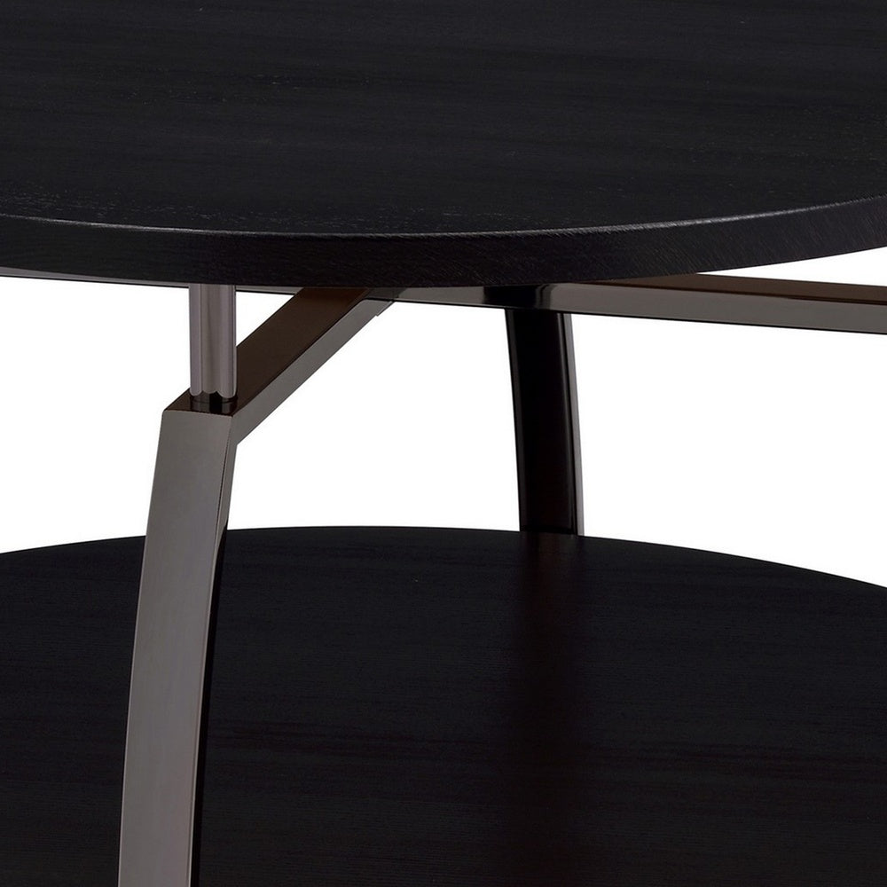 Dyn 35 Inch Round Coffee Table, 1 Shelf, Grayish Black Top, Gray Metal Leg  - BM302509