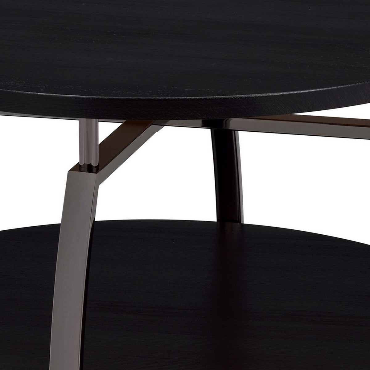 Dyn 35 Inch Round Coffee Table, 1 Shelf, Grayish Black Top, Gray Metal Leg  - BM302509