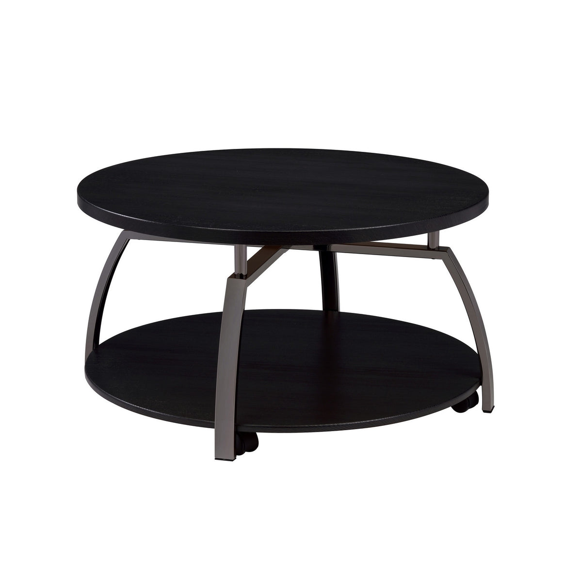 Dyn 35 Inch Round Coffee Table, 1 Shelf, Grayish Black Top, Gray Metal Leg  - BM302509