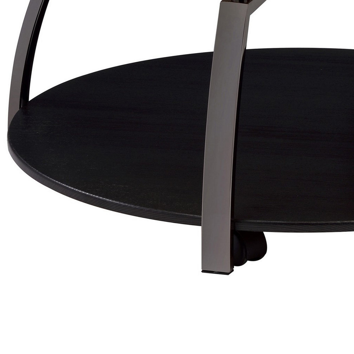 Dyn 35 Inch Round Coffee Table, 1 Shelf, Grayish Black Top, Gray Metal Leg  - BM302509