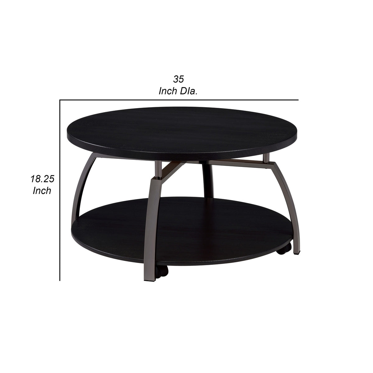 Dyn 35 Inch Round Coffee Table, 1 Shelf, Grayish Black Top, Gray Metal Leg  - BM302509