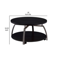 Dyn 35 Inch Round Coffee Table, 1 Shelf, Grayish Black Top, Gray Metal Leg  - BM302509