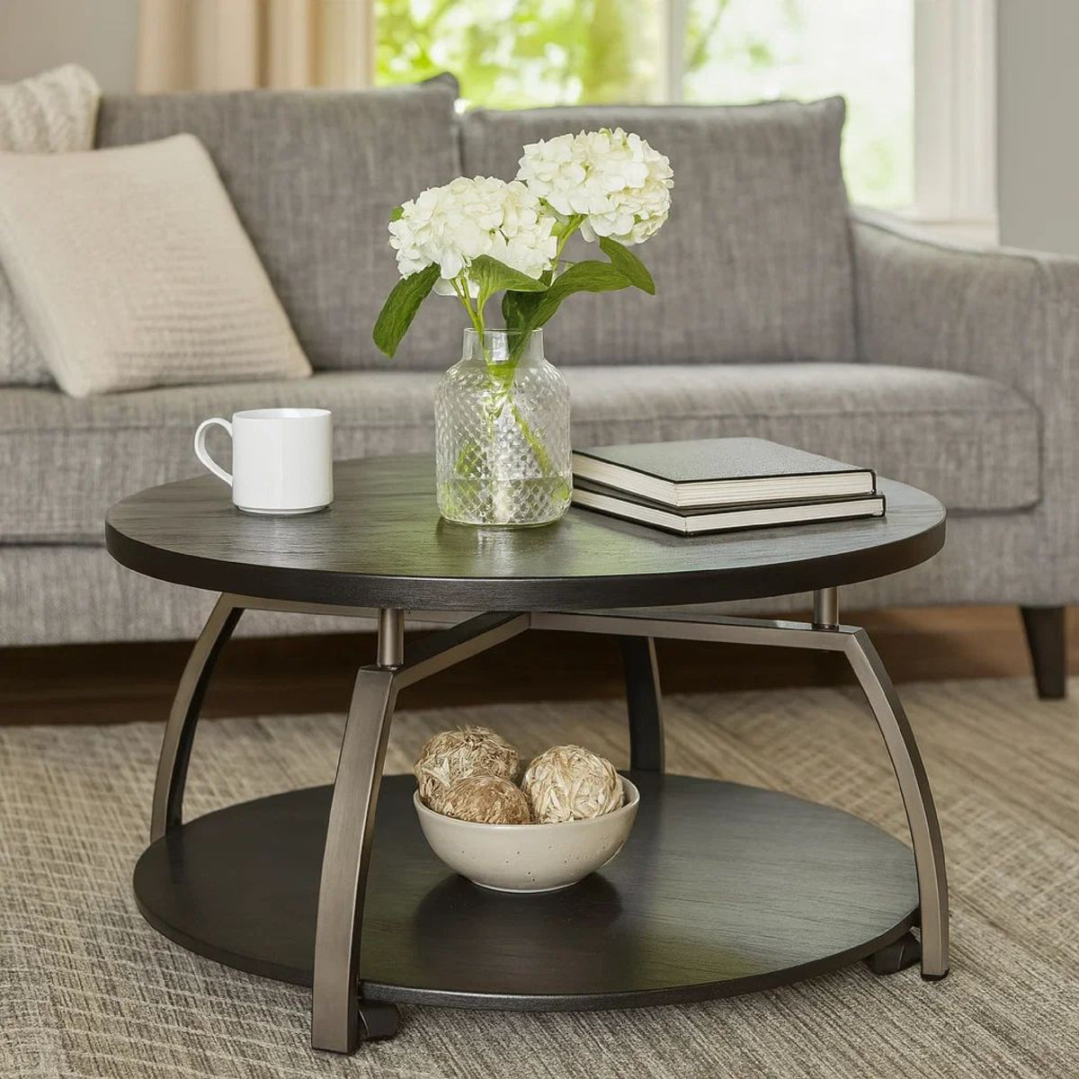 Dyn 35 Inch Round Coffee Table, 1 Shelf, Grayish Black Top, Gray Metal Leg  - BM302509